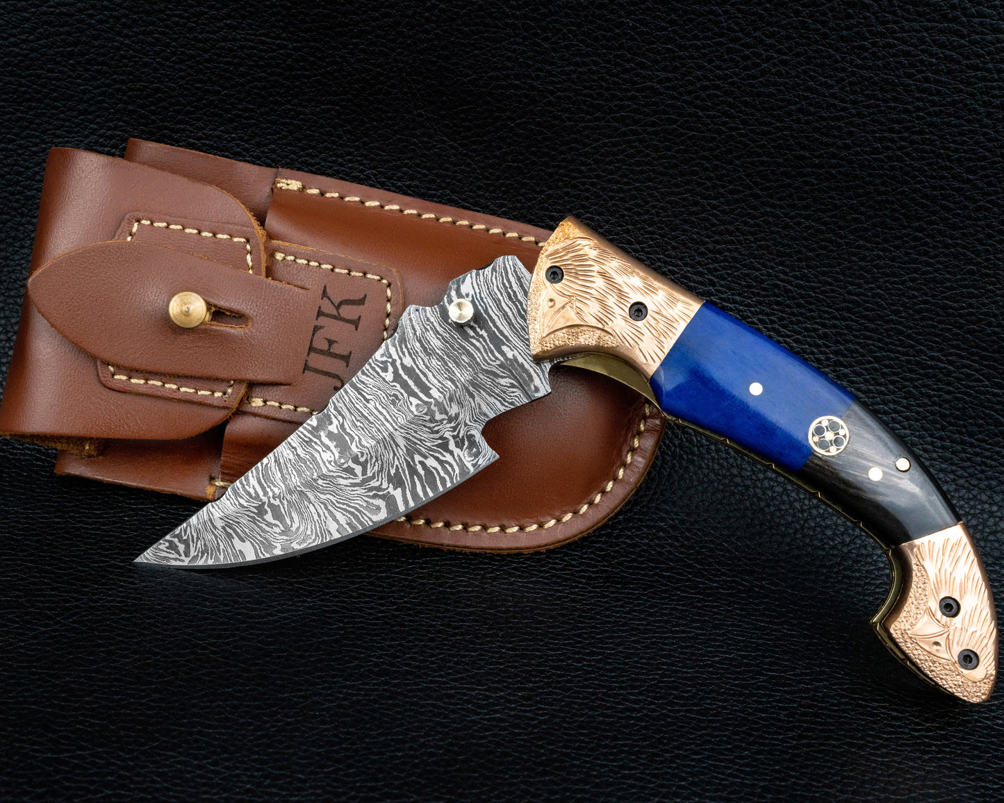 9'' Hand Forged Real Horn Handle Damascus Fold Knife
