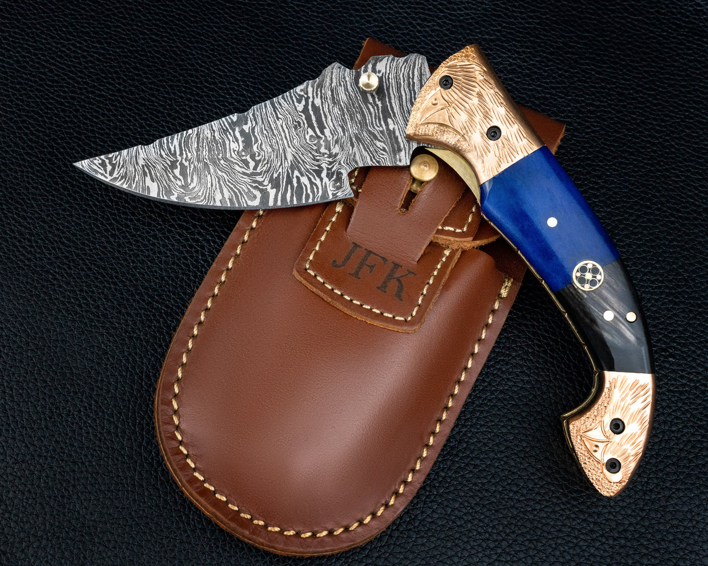 9'' Hand Forged Real Horn Handle Damascus Fold Knife