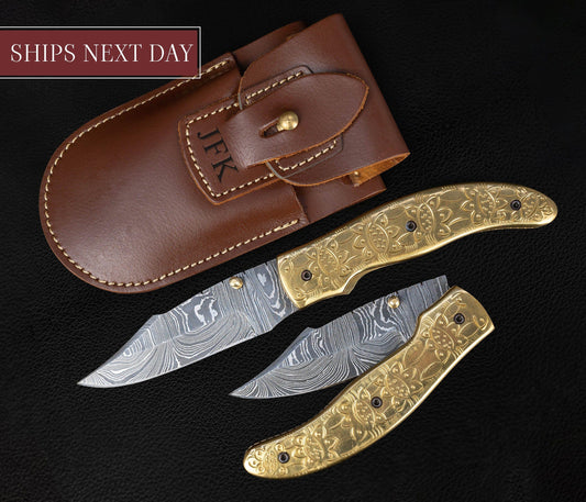 Luxury Hand Forged Damascus Folding Knife, Hand Engraved Brass Handle, Damascus Steel Pocket Hunting knife, Luxury Fold Knife, Gift For DAD Etsy 