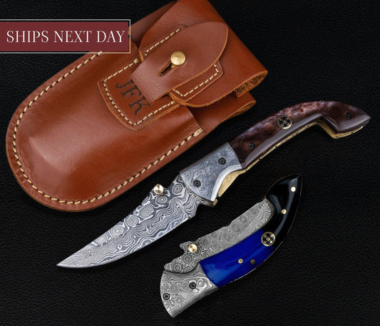 7.5'' Hand Forged Brown Bone Damascus Folding Knife, Hand Made Damascus Pocket Knife, Damascus Steel Hunting Knife, Hunting Damascus Knife Etsy 