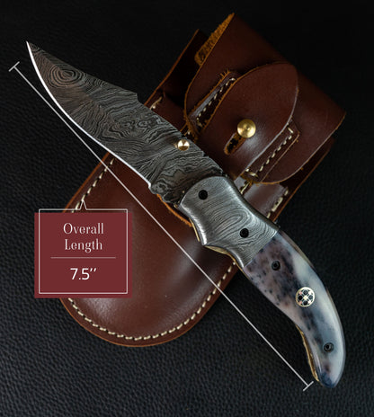 7.5'' Hand Forged Black Bone Handle Damascus Folding Knife, Damascus Pocket Knife, Damascus Steel Hunting knife, Hand Forged Damascus Knife
