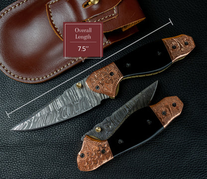 7.5" Hand Forged Damascus Folding Knife,Hand Made Damascus Pocket Knife, Damascus Steel Hunting knife, Black Horn Handle Damascus Fold Knife