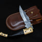 8.5" Damascus Steel Pattern Pocket Knife Gold Black Horn Accent Brass Folding Knife Hunting Clip Point Groomsmen Gift for Boyfriend Men Gift