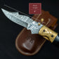 8.5" Damascus Steel Pattern Pocket Knife Gold Black Horn Accent Brass Folding Knife Hunting Clip Point Groomsmen Gift for Boyfriend Men Gift