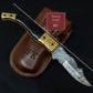 8.5" Damascus Steel Pattern Pocket Knife Gold Black Horn Accent Brass Folding Knife Hunting Clip Point Groomsmen Gift for Boyfriend Men Gift
