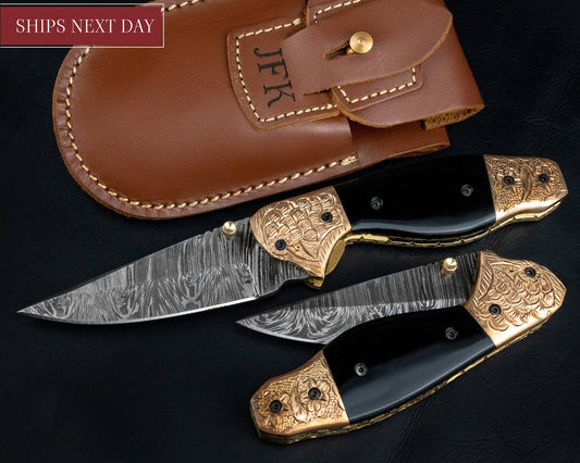 7.5" Hand Forged Damascus Folding Knife,Hand Made Damascus Pocket Knife, Damascus Steel Hunting knife, Black Horn Handle Damascus Fold Knife