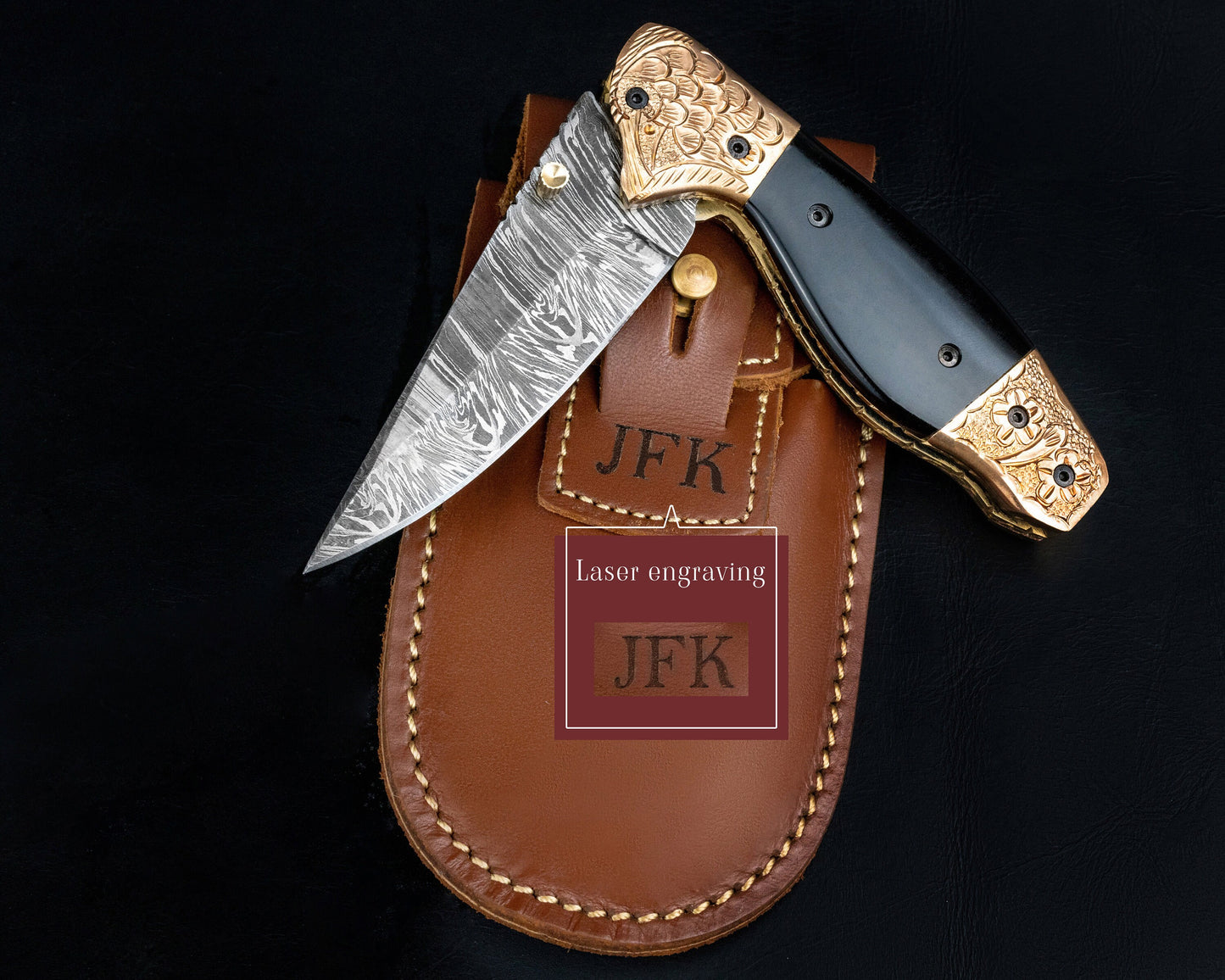 7.5" Hand Forged Damascus Folding Knife,Hand Made Damascus Pocket Knife, Damascus Steel Hunting knife, Black Horn Handle Damascus Fold Knife