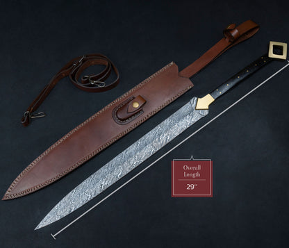 29" Hand Forged Damascus Steel Viking Sword, Damascus Steel Vikings sword, Handmade Sword, Combat sword, Damascus Sword With Leather Sheath