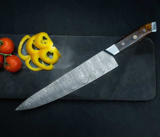 Cooking Kitchen Chef Knife Damascus Steel BBQ Camping Wood Handle Full Tang Knife Razor Sharp Blade Edge Indoor Outdoor in Gift Box Handmade