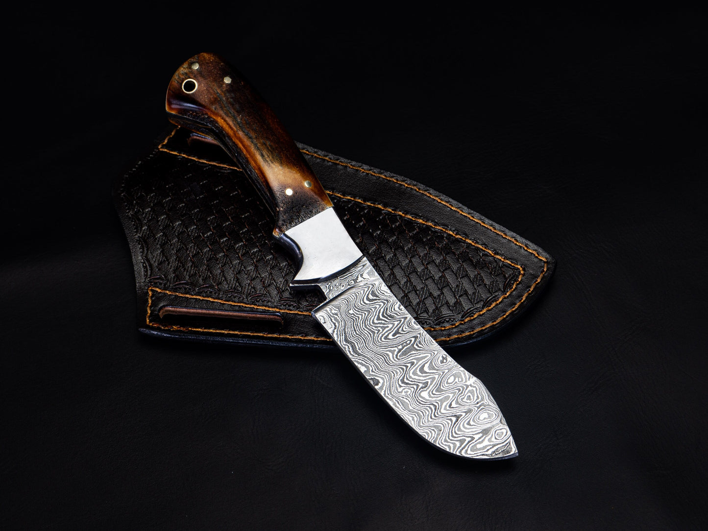 Hunting Damascus Steel Knife, Stag Horn Fixed Blade Full Tang Handmade Engravable Bolsters Gift for Him Groomsmen Gift Free Leather Sheath