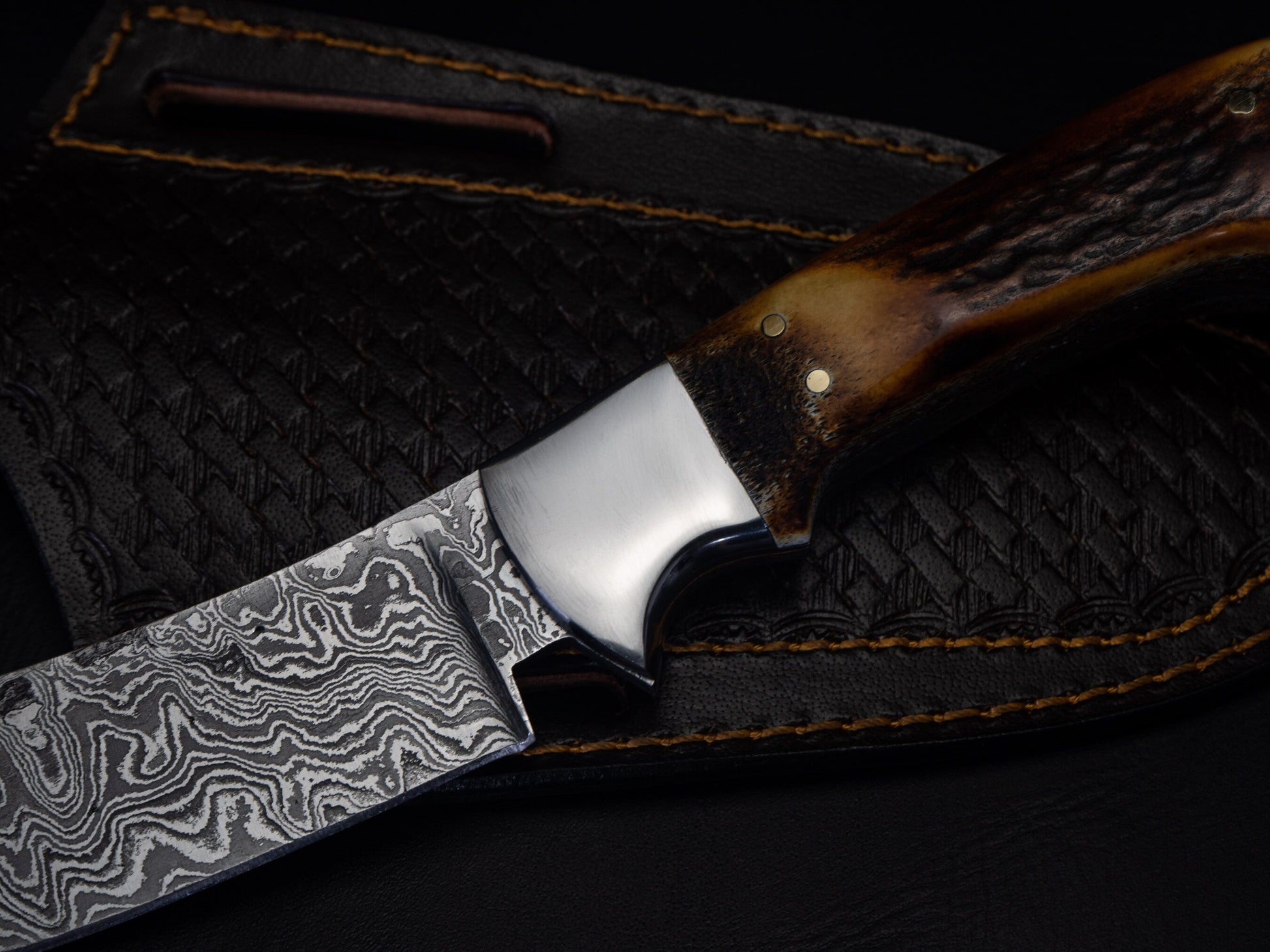 Hunting Damascus Steel Knife, Stag Horn Fixed Blade Full Tang Handmade Engravable Bolsters Gift for Him Groomsmen Gift Free Leather Sheath