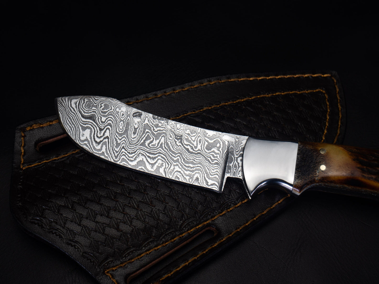 Hunting Damascus Steel Knife, Stag Horn Fixed Blade Full Tang Handmade Engravable Bolsters Gift for Him Groomsmen Gift Free Leather Sheath