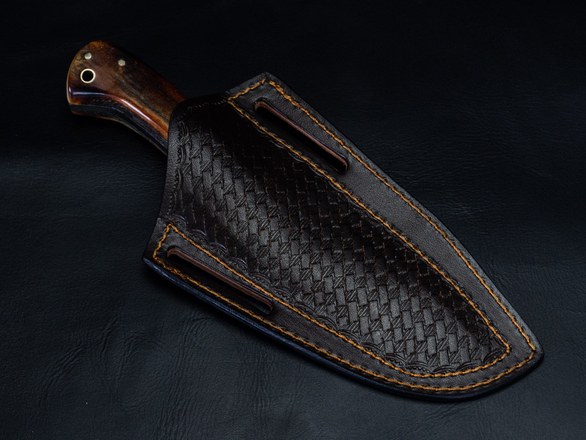 Hunting Damascus Steel Knife, Stag Horn Fixed Blade Full Tang Handmade Engravable Bolsters Gift for Him Groomsmen Gift Free Leather Sheath