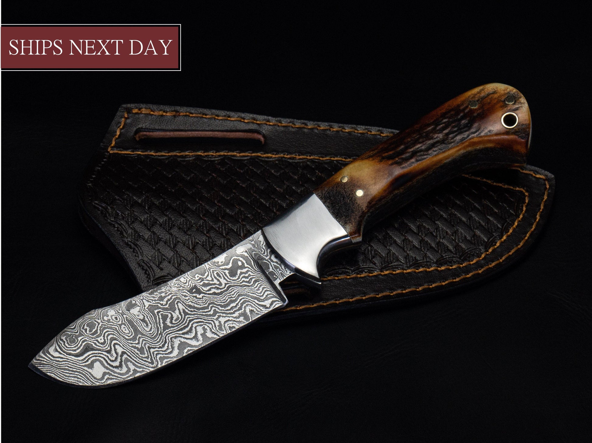 Hunting Damascus Steel Knife, Stag Horn Fixed Blade Full Tang Handmade Engravable Bolsters Gift for Him Groomsmen Gift Free Leather Sheath