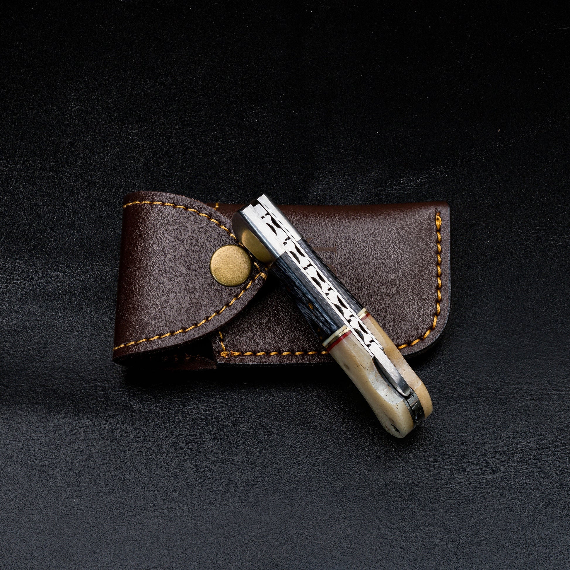 Black Wood Bone Handle Camping Damascus Steel Blade Pocket Knife - Authentic 6.5" Folding Knife Groomsmen Gift for Men Custom Handmade Knife