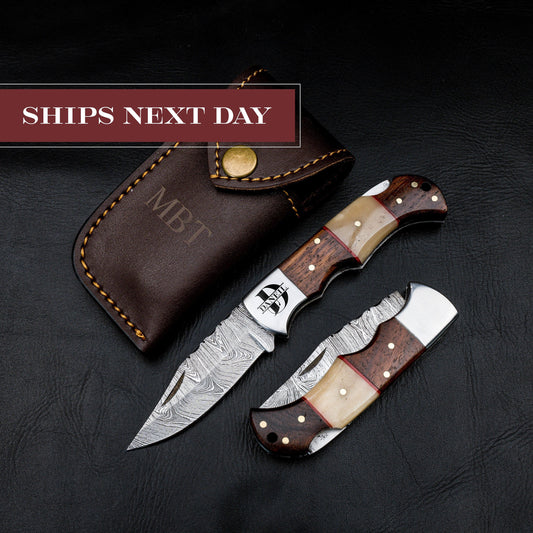 Handmade Damascus Pocket Knife Rose-Wood Handle Birthday Gift Folding Knife Groomsmen Gift Anniversary Wedding Personalized Gift for Men