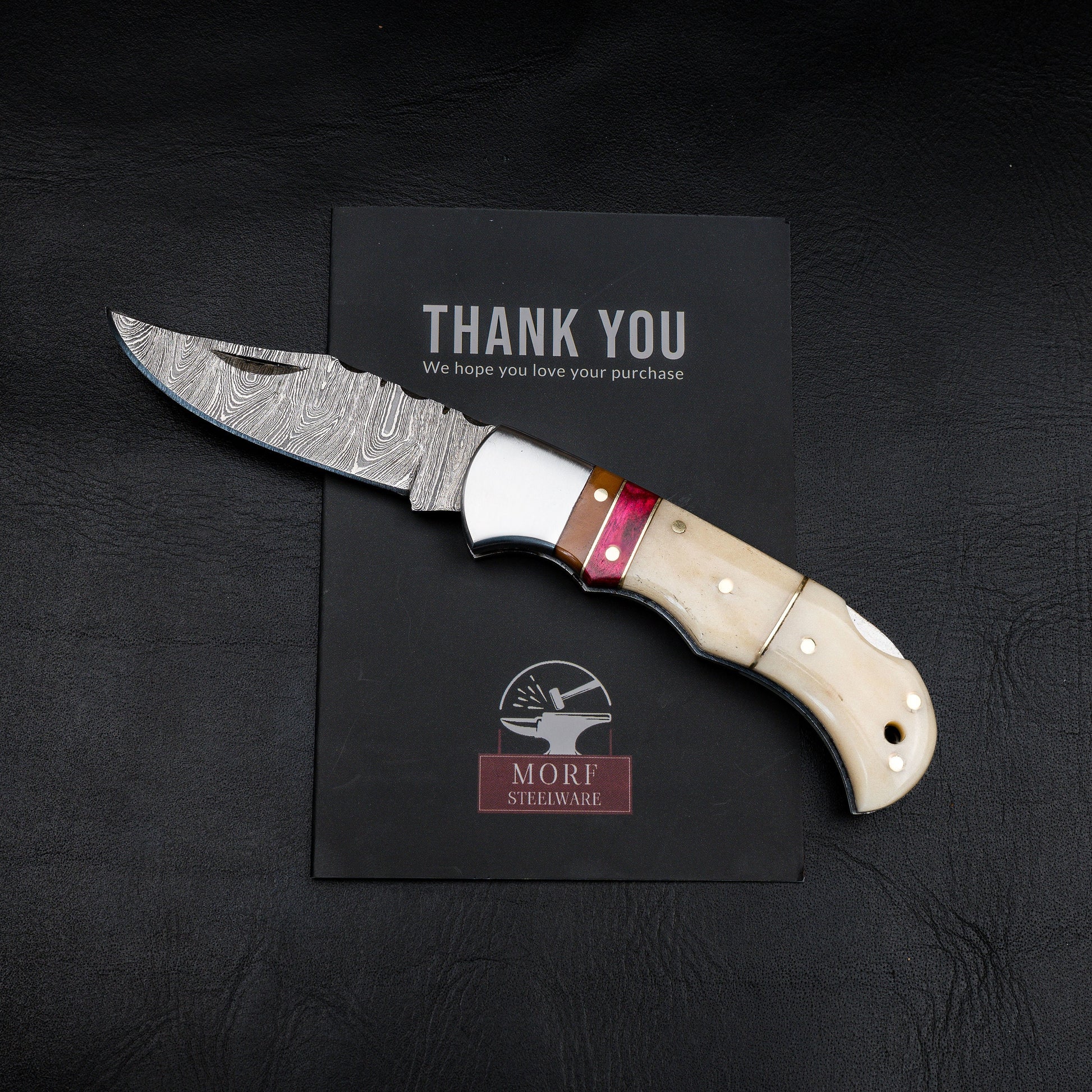 Camel Bone Damascus Steel Pocket Knife for Men, Groomsmen Gifts Folding Blade Knives For him, Custom Handmade - 6.5" Knife Anniversary Gift