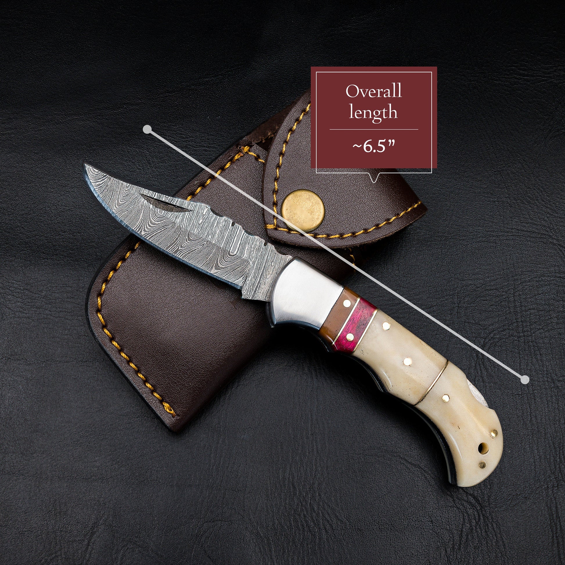 Camel Bone Damascus Steel Pocket Knife for Men, Groomsmen Gifts Folding Blade Knives For him, Custom Handmade - 6.5" Knife Anniversary Gift