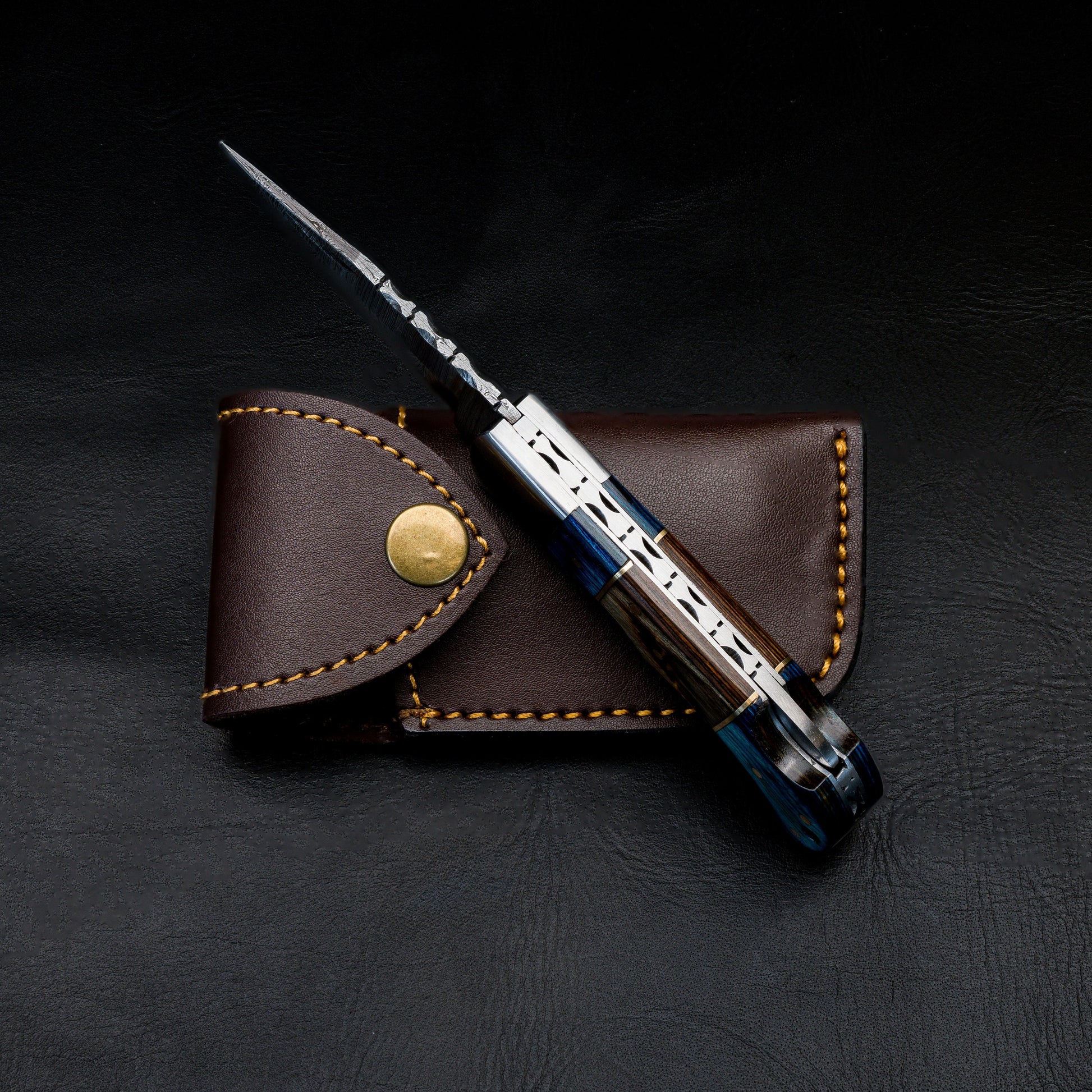 Pocket Knife for Camping/Hunting Damascus Steel Blade Blue Brown Pakka Wood Handle Folding Knife Groomsmen Gift for Him, Boyfriend