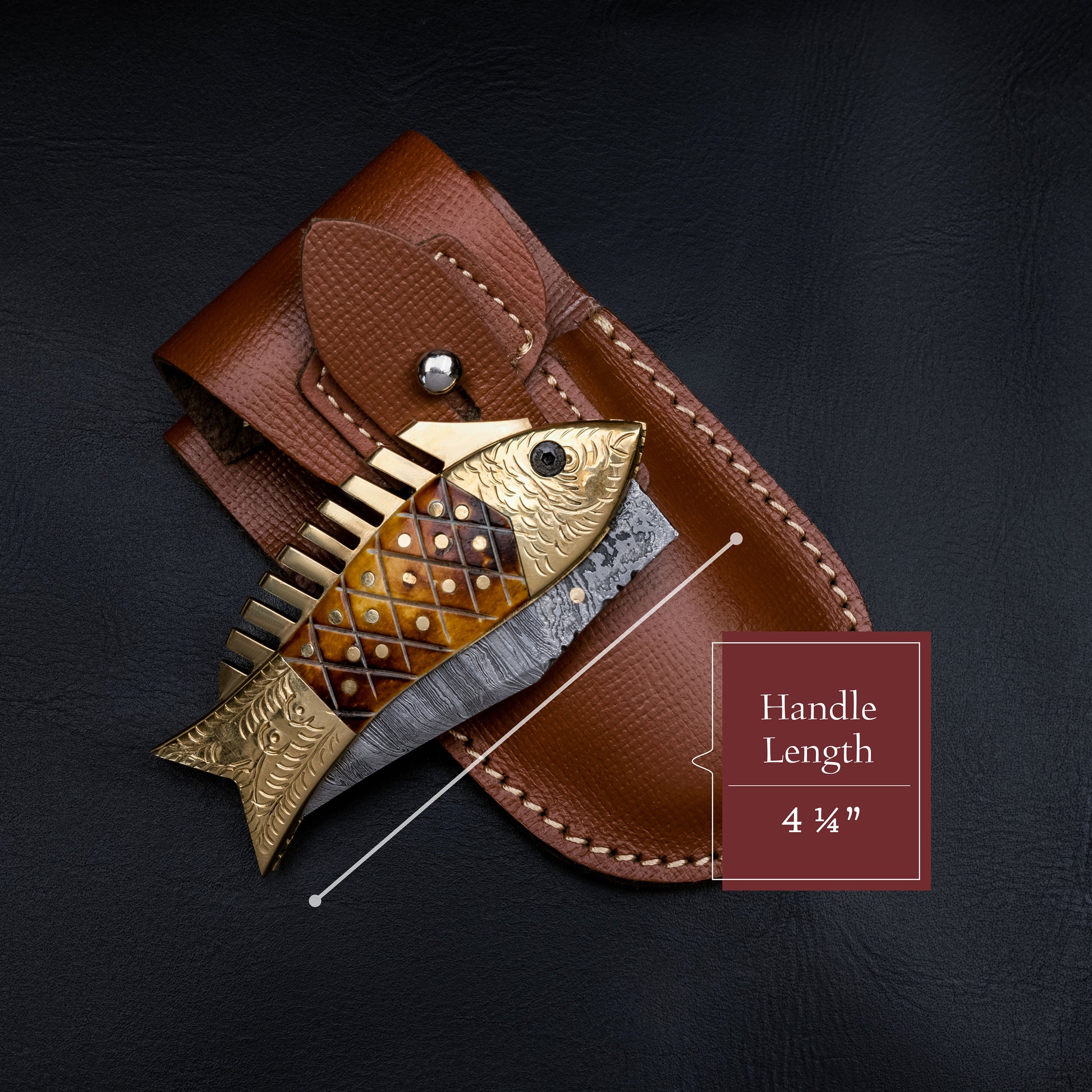 Fish Folding Pocket Knife 7" Damascus Steel Knife Burned Bone Brass Blade Gift for him Hunting & Camping Handmade Unique Design Knives
