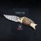 Fish Folding Pocket Knife 7" Damascus Steel Knife Burned Bone Brass Blade Gift for him Hunting & Camping Handmade Unique Design Knives