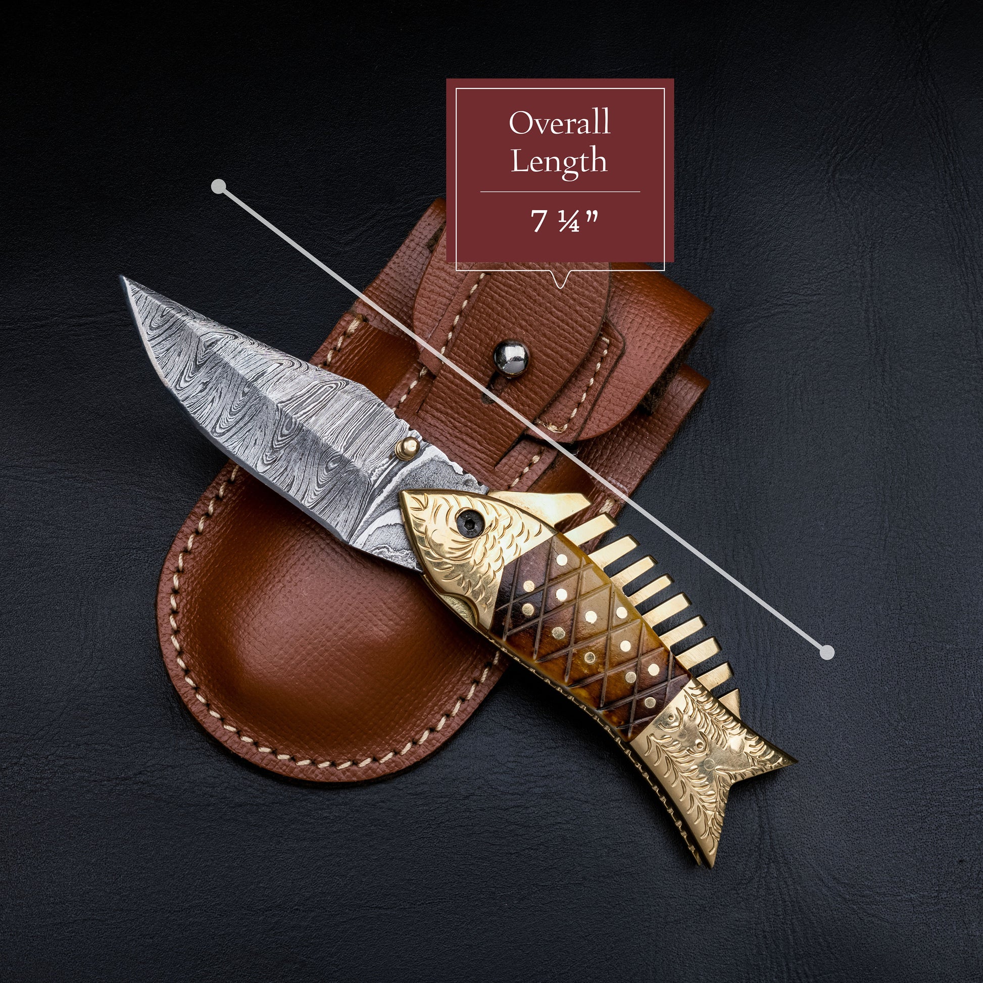 Fish Folding Pocket Knife 7" Damascus Steel Knife Burned Bone Brass Blade Gift for him Hunting & Camping Handmade Unique Design Knives
