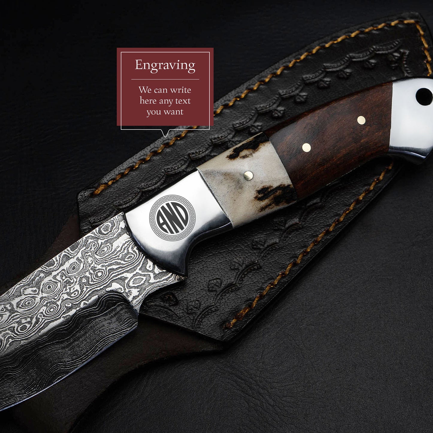 Gut Hook Bone Wood Handle Fixed Blade Full Tang Hunting/Camping Knife - Authentic Damascus 8.5" Knife by morfsteelware Gift for Him, Dad