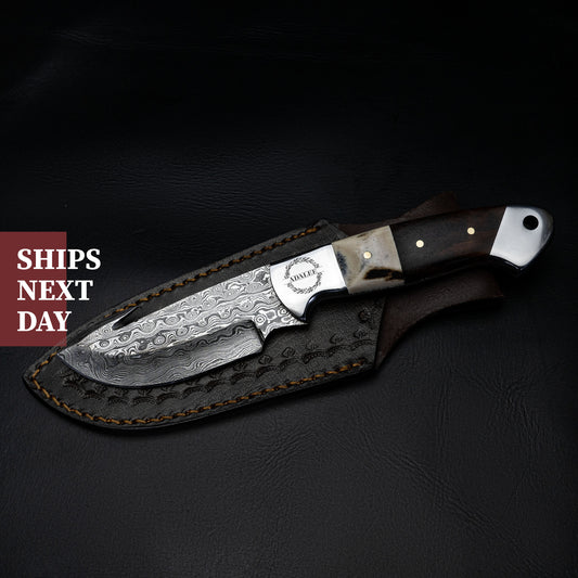 Gut Hook Bone Wood Handle Fixed Blade Full Tang Hunting/Camping Knife - Authentic Damascus 8.5" Knife by morfsteelware Gift for Him, Dad
