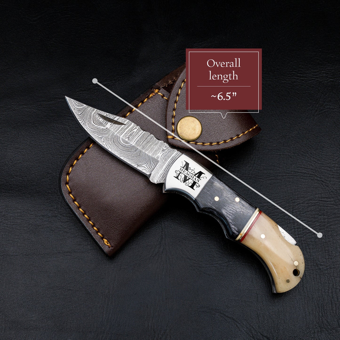 Black Wood Bone Handle Camping Damascus Steel Blade Pocket Knife - Authentic 6.5" Folding Knife Groomsmen Gift for Men Custom Handmade Knife