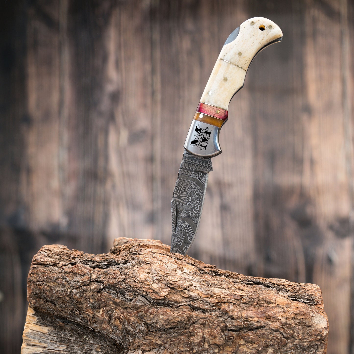 Camel Bone Damascus Steel Pocket Knife for Men, Groomsmen Gifts Folding Blade Knives For him, Custom Handmade - 6.5" Knife Anniversary Gift