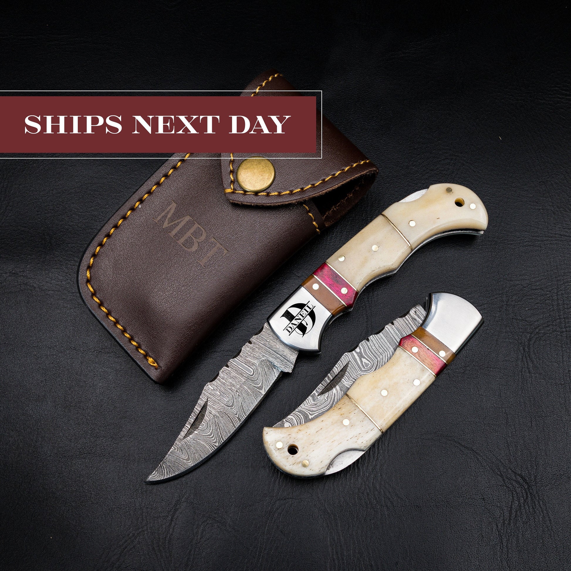 Camel Bone Damascus Steel Pocket Knife for Men, Groomsmen Gifts Folding Blade Knives For him, Custom Handmade - 6.5" Knife Anniversary Gift