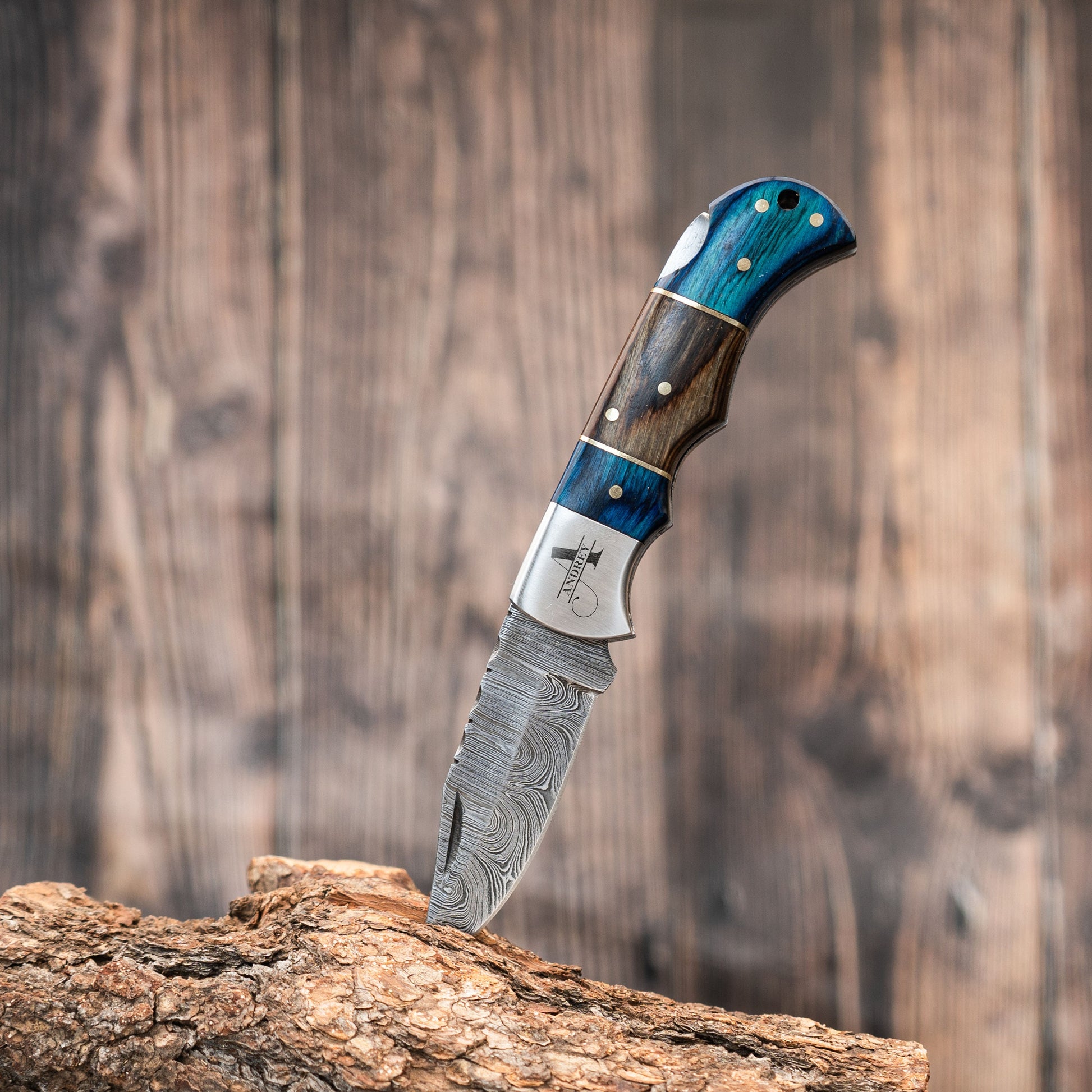 Pocket Knife for Camping/Hunting Damascus Steel Blade Blue Brown Pakka Wood Handle Folding Knife Groomsmen Gift for Him, Boyfriend