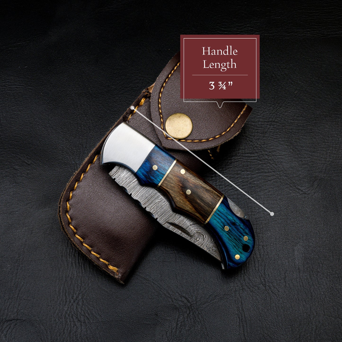 Pocket Knife for Camping/Hunting Damascus Steel Blade Blue Brown Pakka Wood Handle Folding Knife Groomsmen Gift for Him, Boyfriend