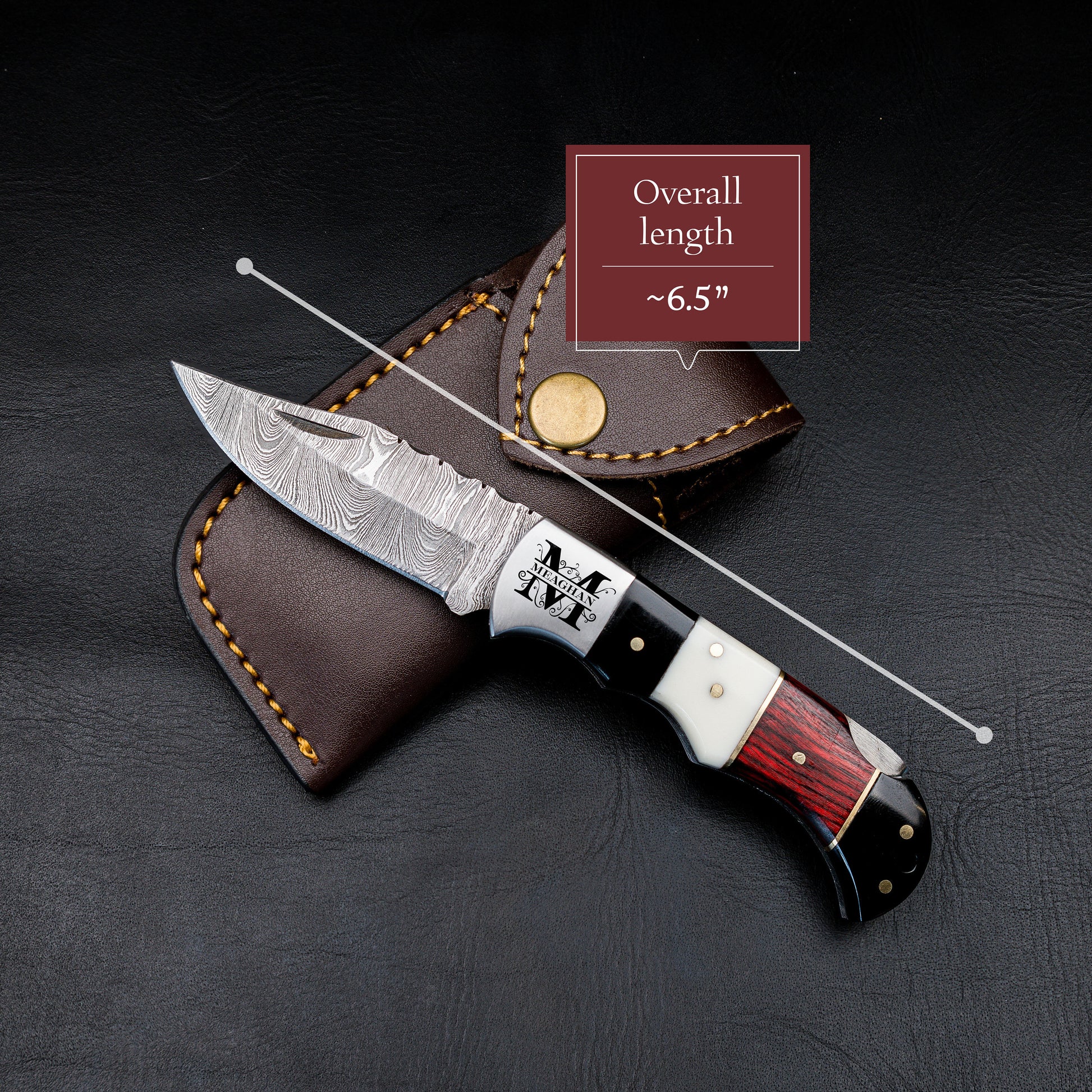 Damascus Pocket Knife - 6.5 Authentic Folding Damascus Blade Groomsmen Gift for Men Personalized Custom Made Camping Knife Gift Idea for Him