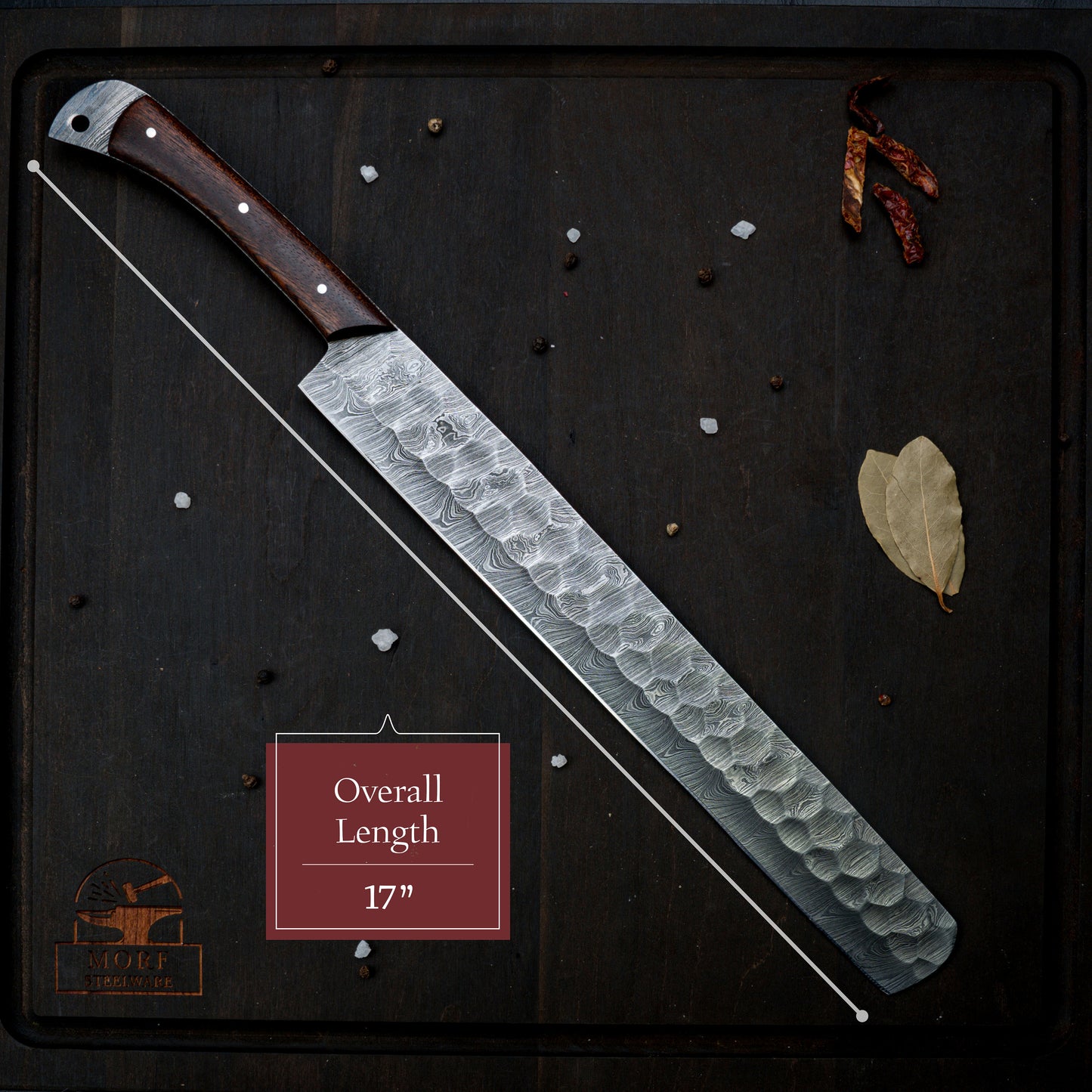 17" Long Damascus Steel Bread Slicer Cutting Blade Knife Outdoor/Indoor Kitchen BBQ Cooking Knife for Chef, Engravable Gift for Her/Him