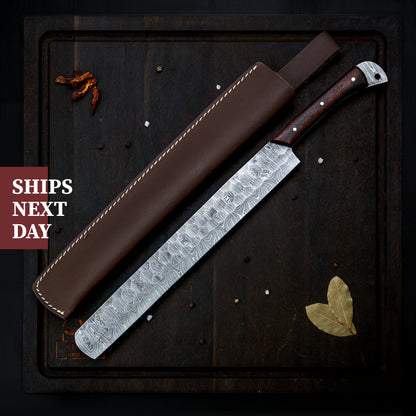 17" Long Damascus Steel Bread Slicer Cutting Blade Knife Outdoor/Indoor Kitchen BBQ Cooking Knife for Chef, Engravable Gift for Her/Him