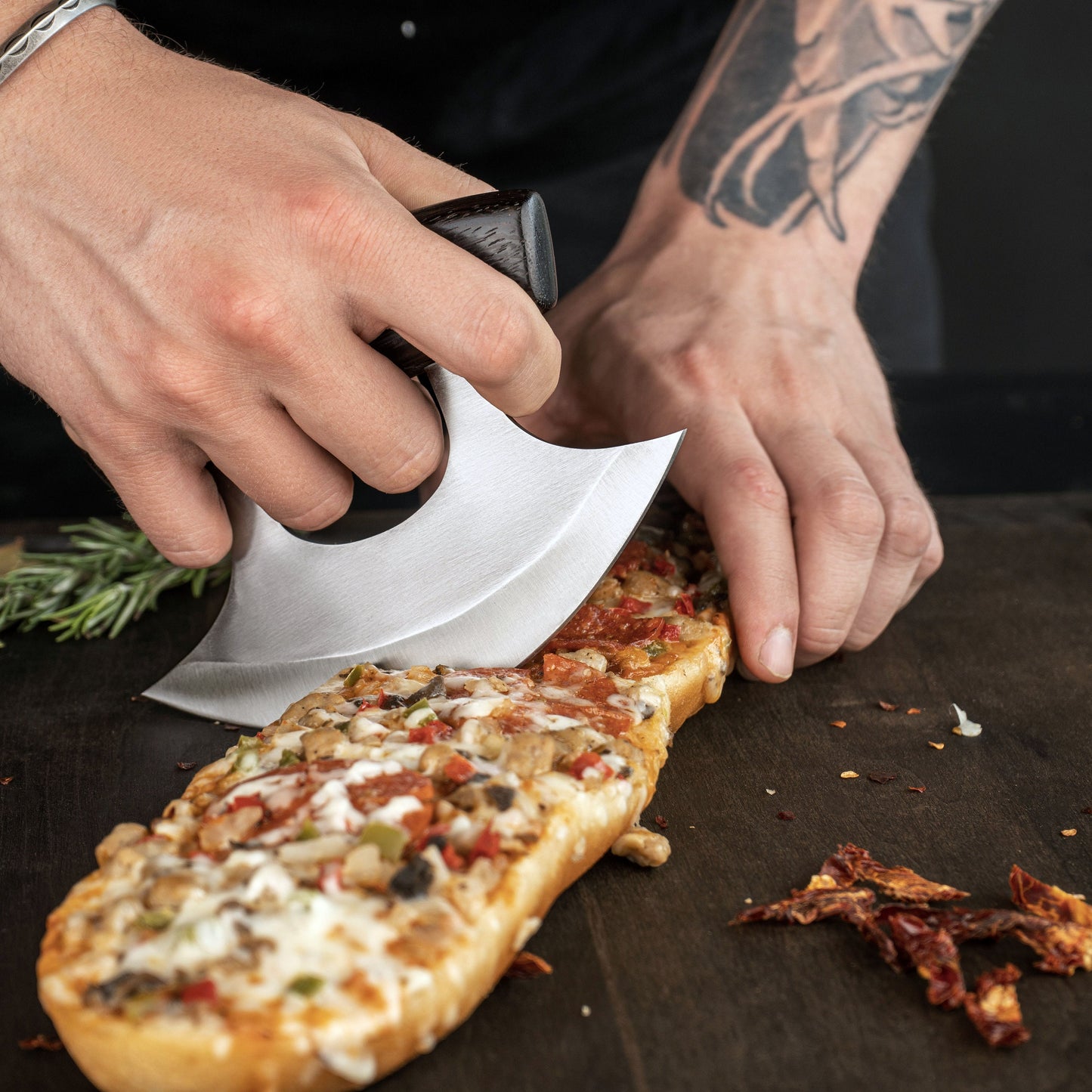 High Carbon Steel Ulu Knife for Indoor/Outdoor Kitchen or Camping Cutlery Brown African Wood Pizza Cutting Slicer by MorfSteelware