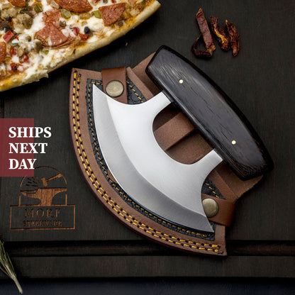 High Carbon Steel Ulu Knife for Indoor/Outdoor Kitchen or Camping Cutlery Brown African Wood Pizza Cutting Slicer by MorfSteelware
