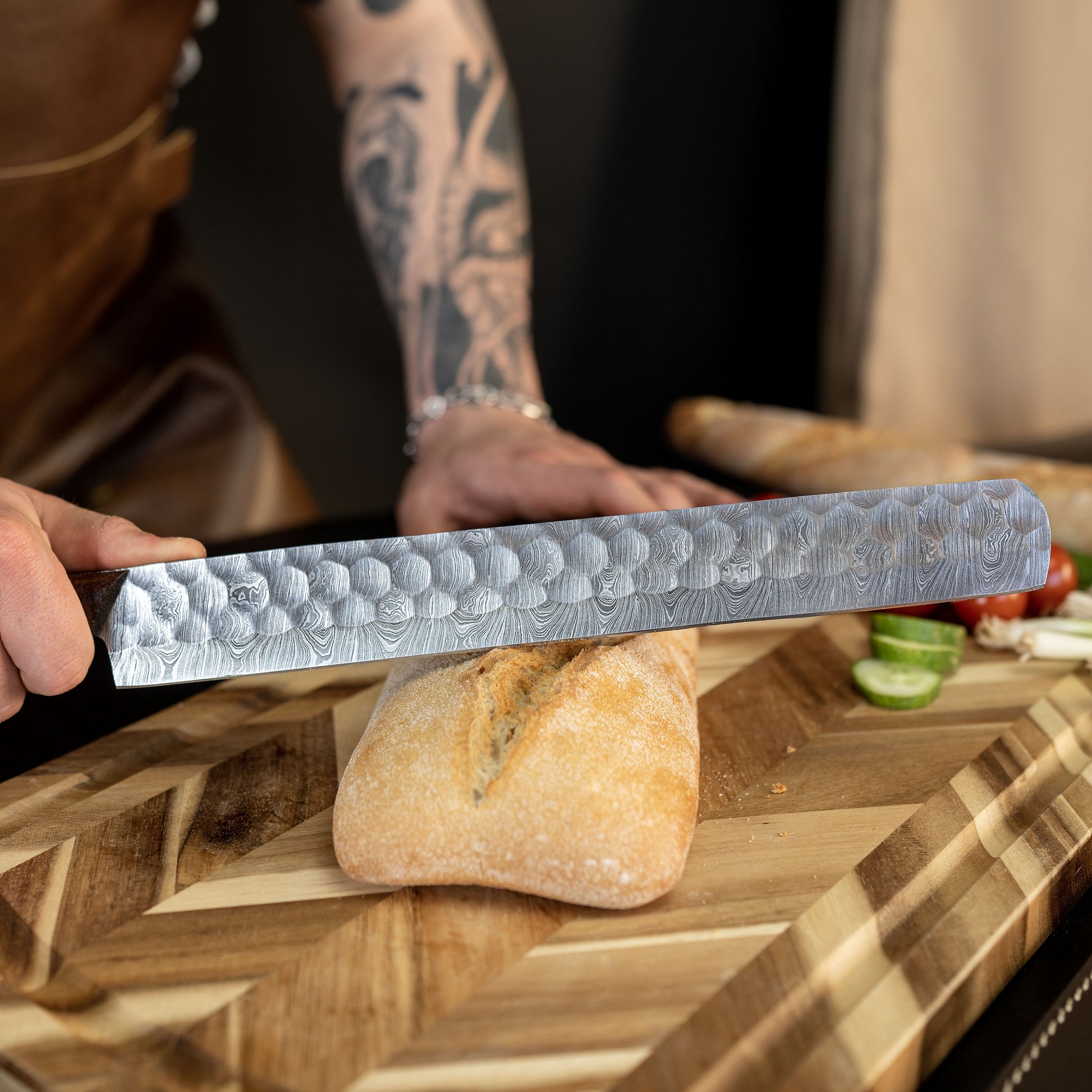 17" Long Damascus Steel Bread Slicer Cutting Blade Knife Outdoor/Indoor Kitchen BBQ Cooking Knife for Chef, Engravable Gift for Her/Him