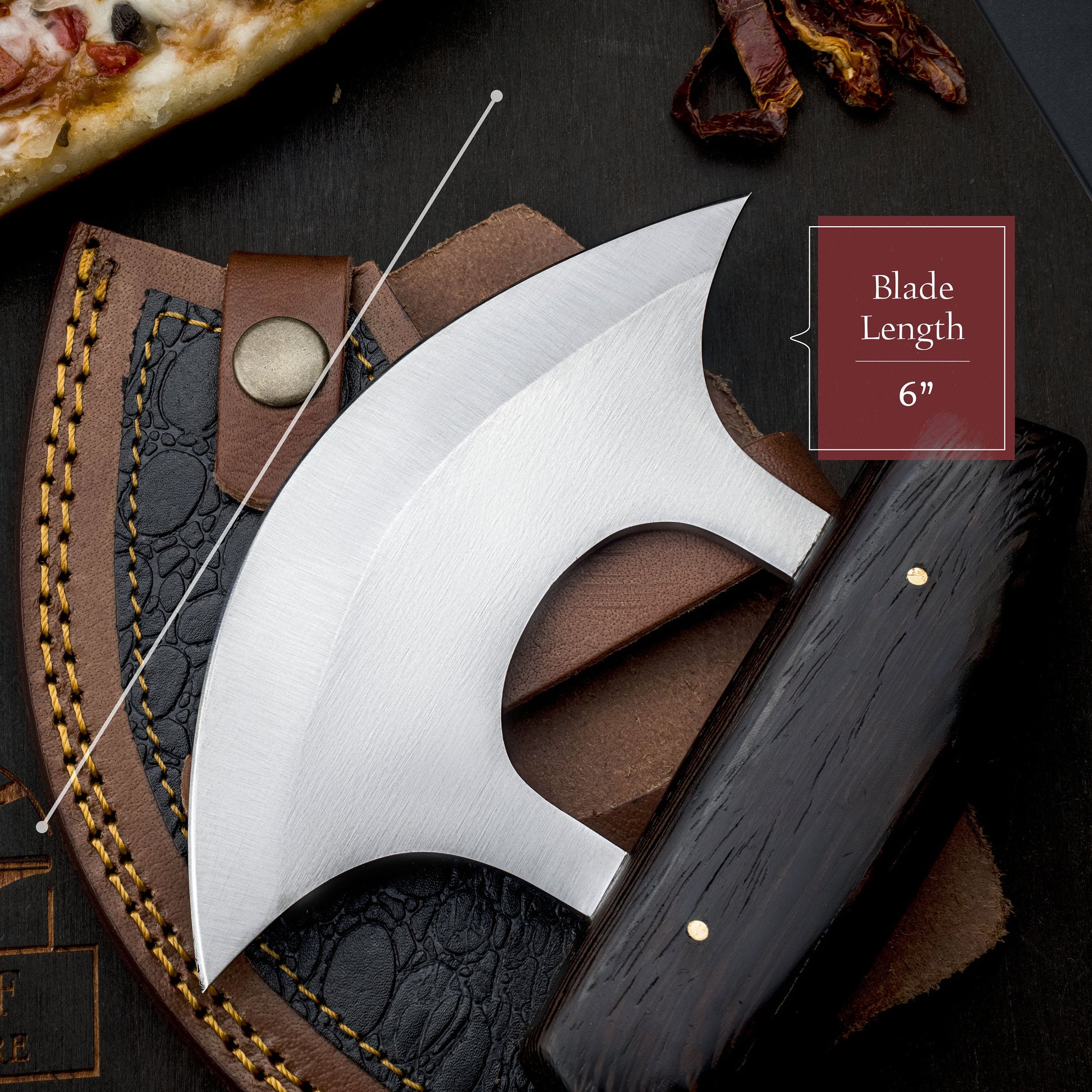 High Carbon Steel Ulu Knife for Indoor/Outdoor Kitchen or Camping Cutlery Brown African Wood Pizza Cutting Slicer by MorfSteelware