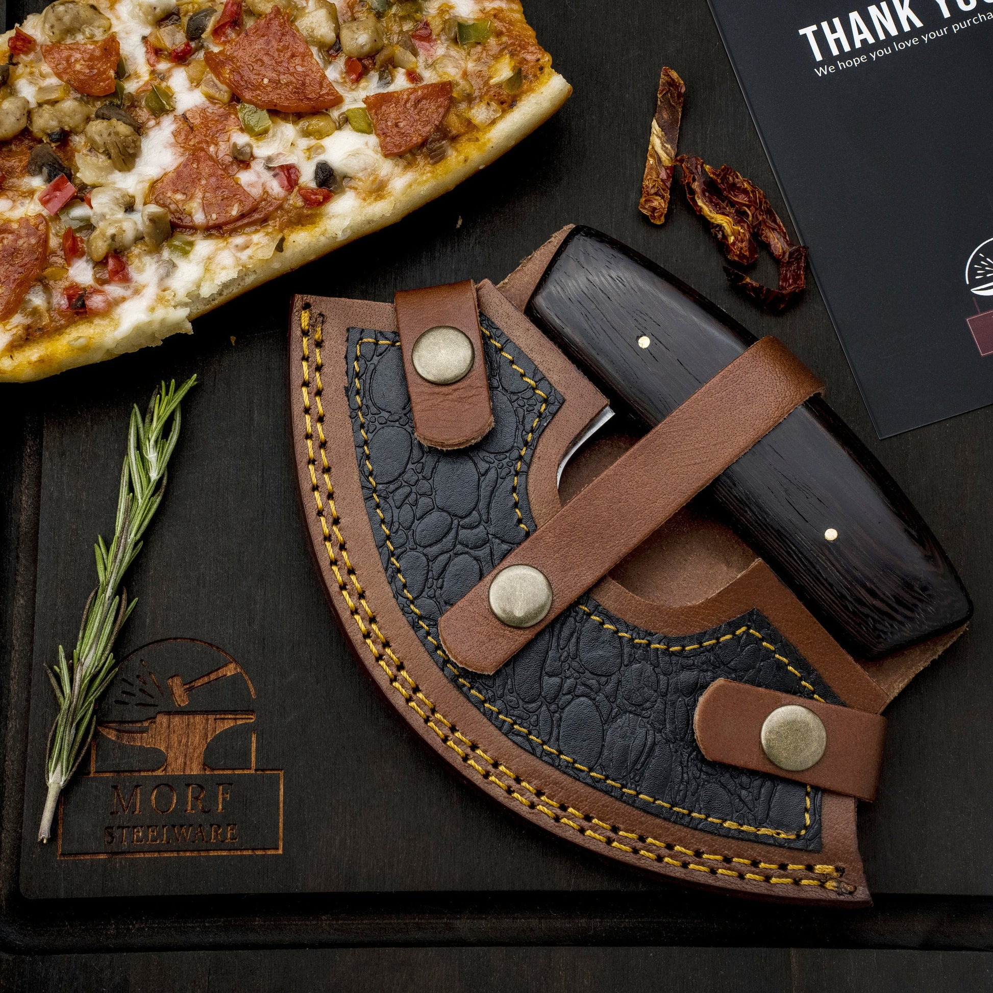 High Carbon Steel Ulu Knife for Indoor/Outdoor Kitchen or Camping Cutlery Brown African Wood Pizza Cutting Slicer by MorfSteelware