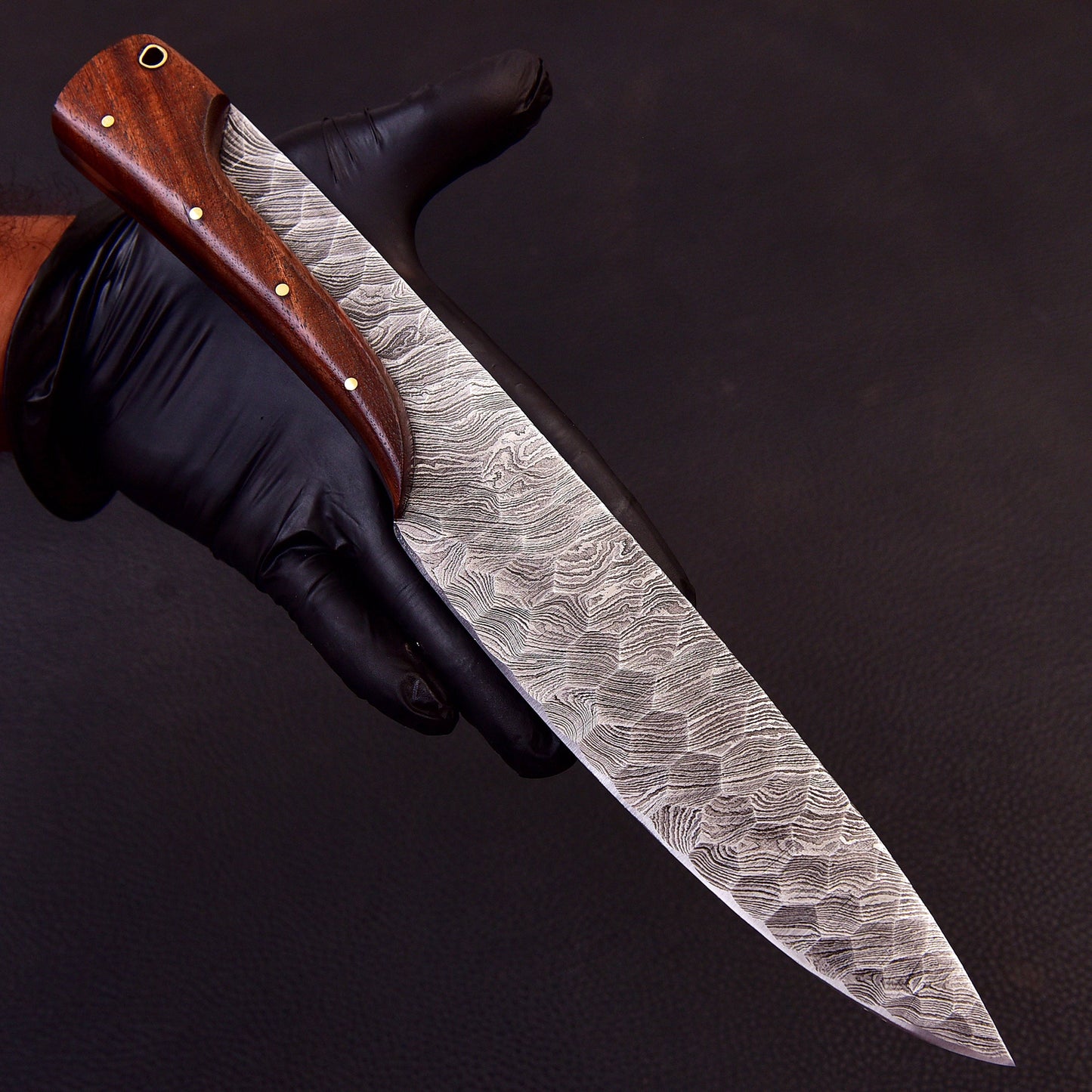 12" Ridged Unique Handle Damascus Steel Bowie Knife - Hunting or Camping Fixed Blade Full-Tang Drop Point Handmade Bowie Gift for Him