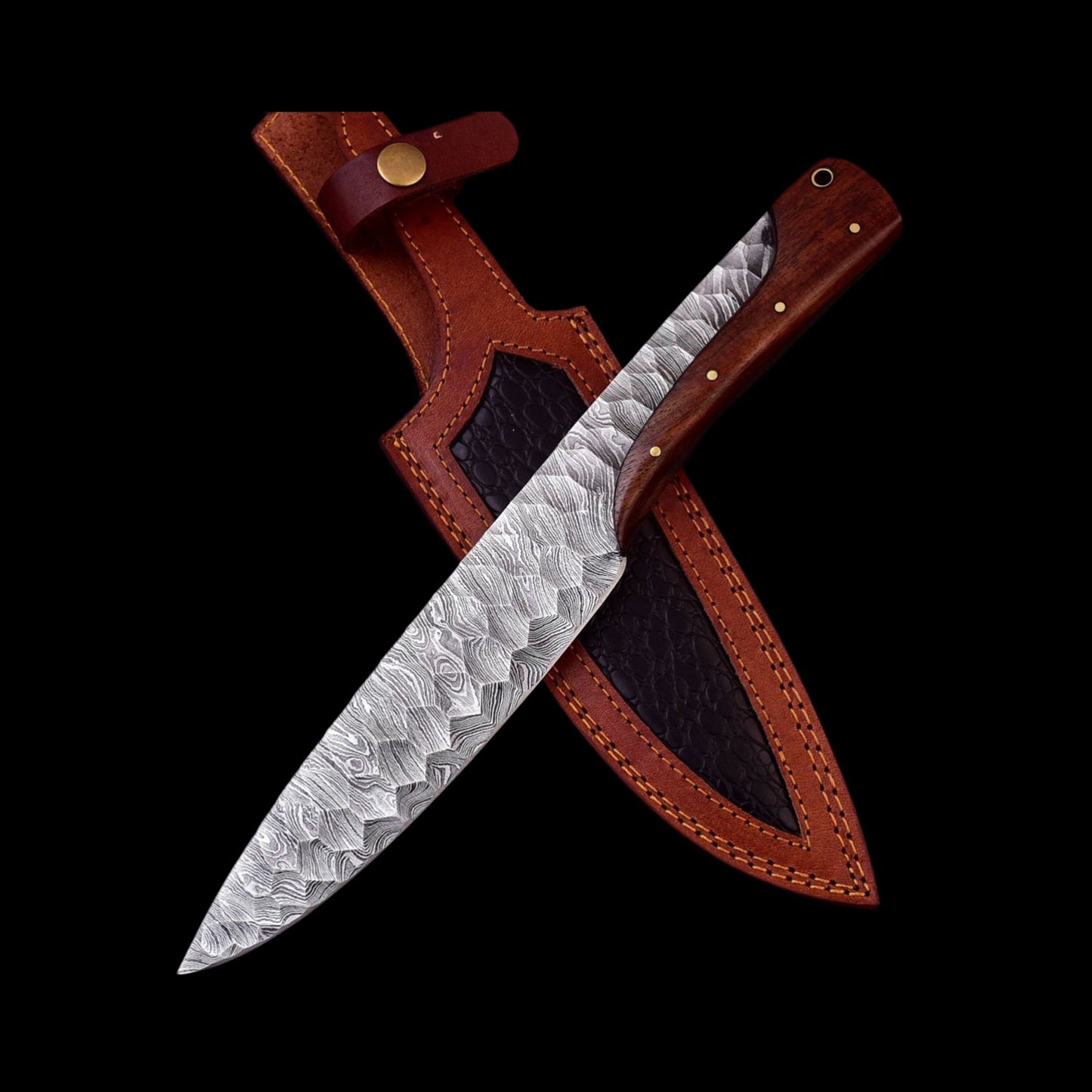 12" Ridged Unique Handle Damascus Steel Bowie Knife - Hunting or Camping Fixed Blade Full-Tang Drop Point Handmade Bowie Gift for Him