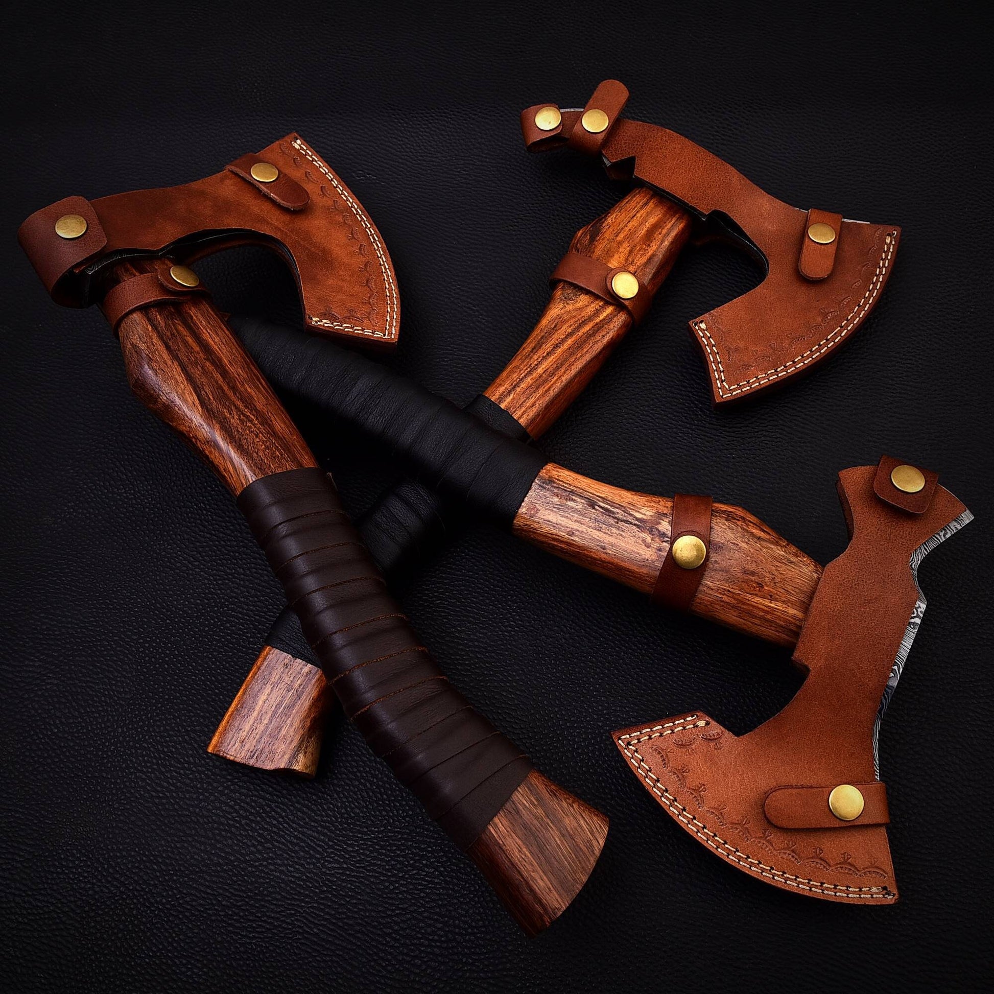 Hand Forged Small Handy Size Camping Axes, Damascus Steel Wood Handle Leather Wrapped Gift for Camper, Gift for Dad, Free Leather Sheath