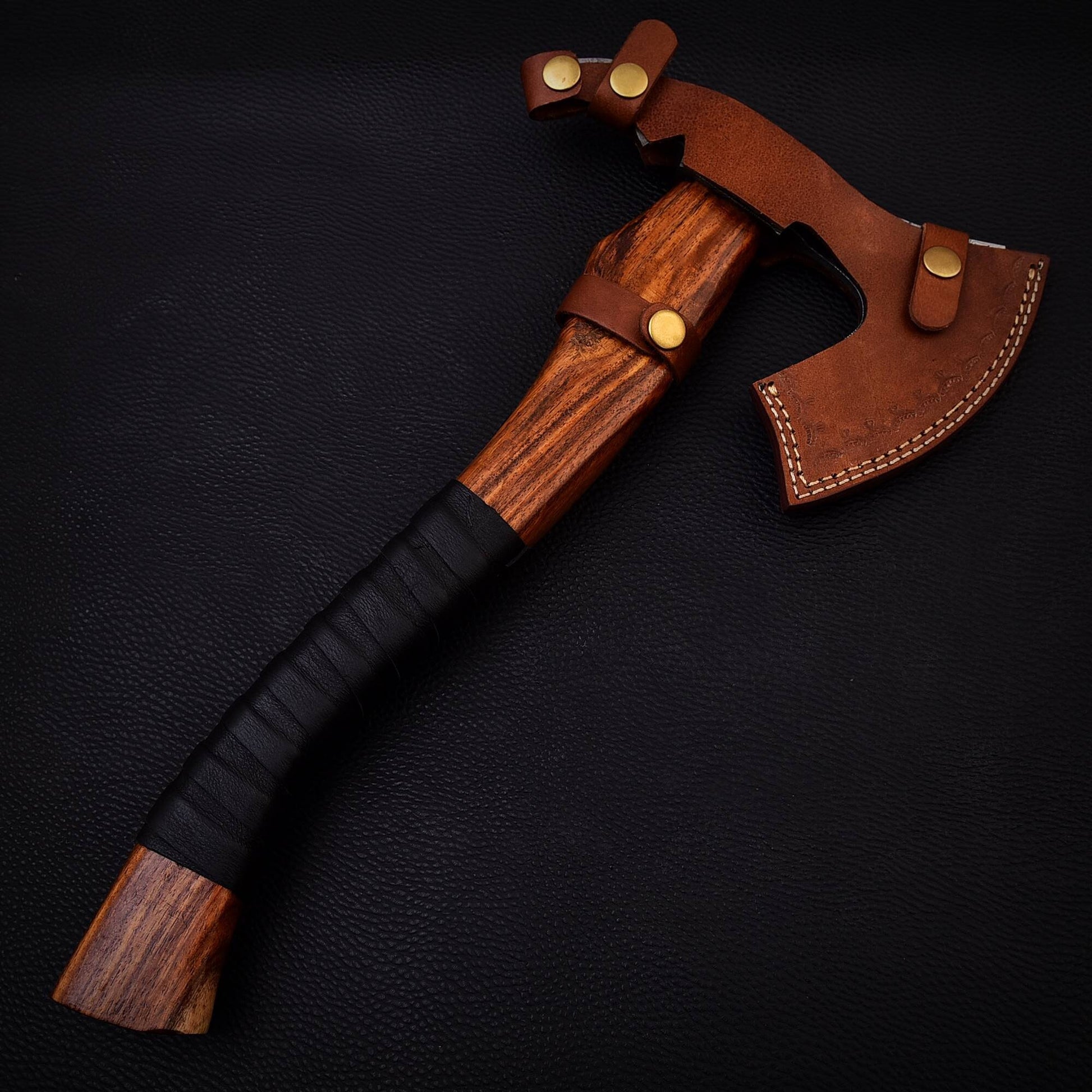 Hand Forged Small Handy Size Camping Axes, Damascus Steel Wood Handle Leather Wrapped Gift for Camper, Gift for Dad, Free Leather Sheath