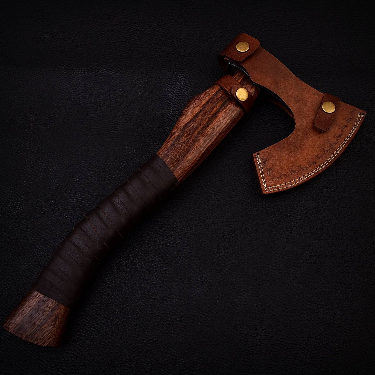 Hand Forged Small Handy Size Camping Axes, Damascus Steel Wood Handle Leather Wrapped Gift for Camper, Gift for Dad, Free Leather Sheath