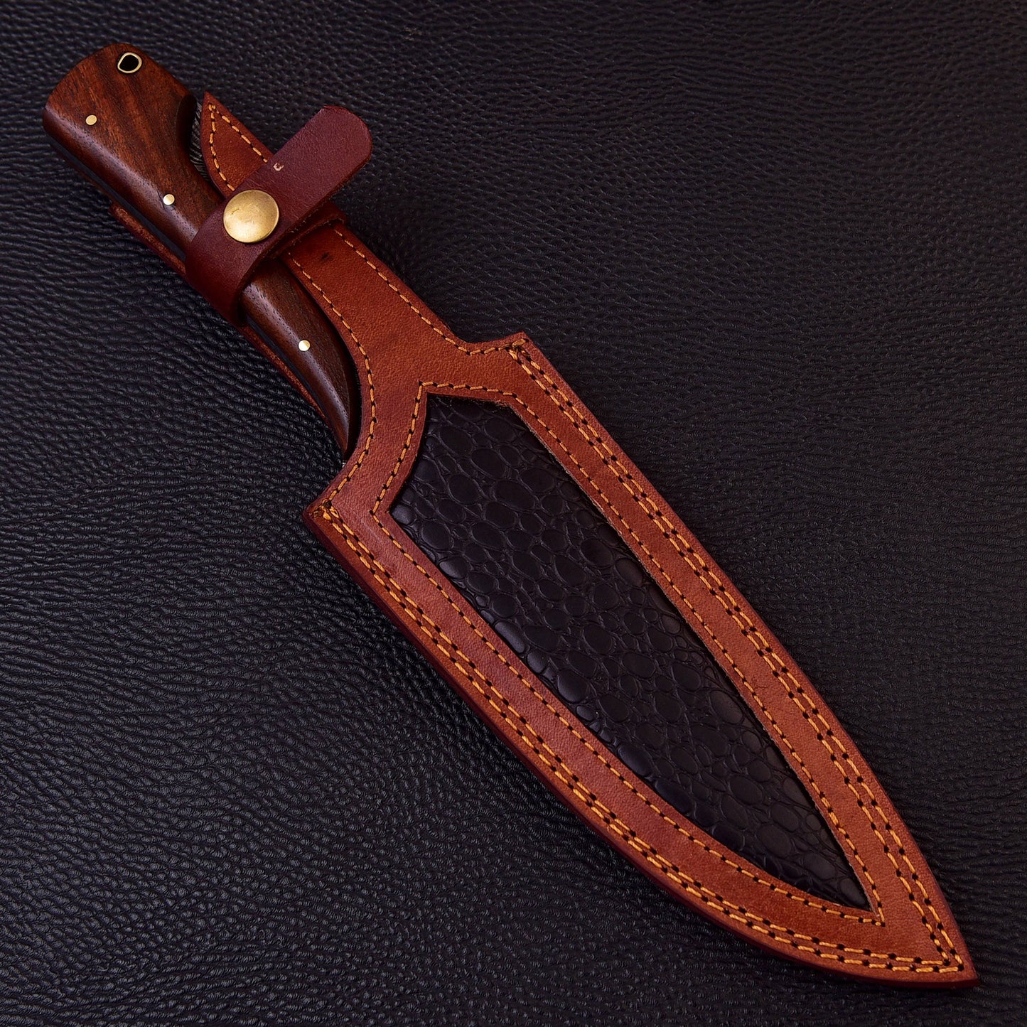 12" Ridged Unique Handle Damascus Steel Bowie Knife - Hunting or Camping Fixed Blade Full-Tang Drop Point Handmade Bowie Gift for Him