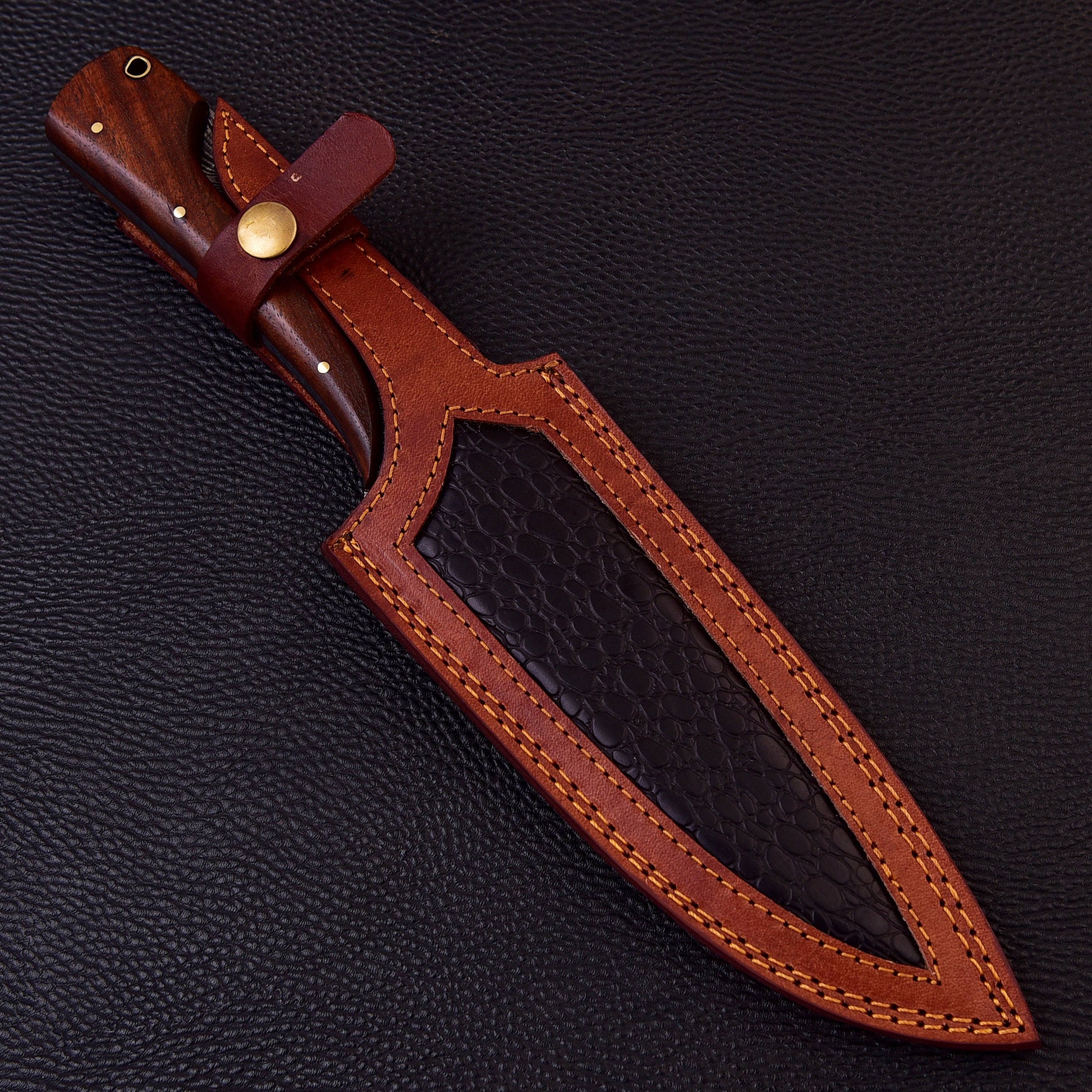 12" Ridged Unique Handle Damascus Steel Bowie Knife - Hunting or Camping Fixed Blade Full-Tang Drop Point Handmade Bowie Gift for Him