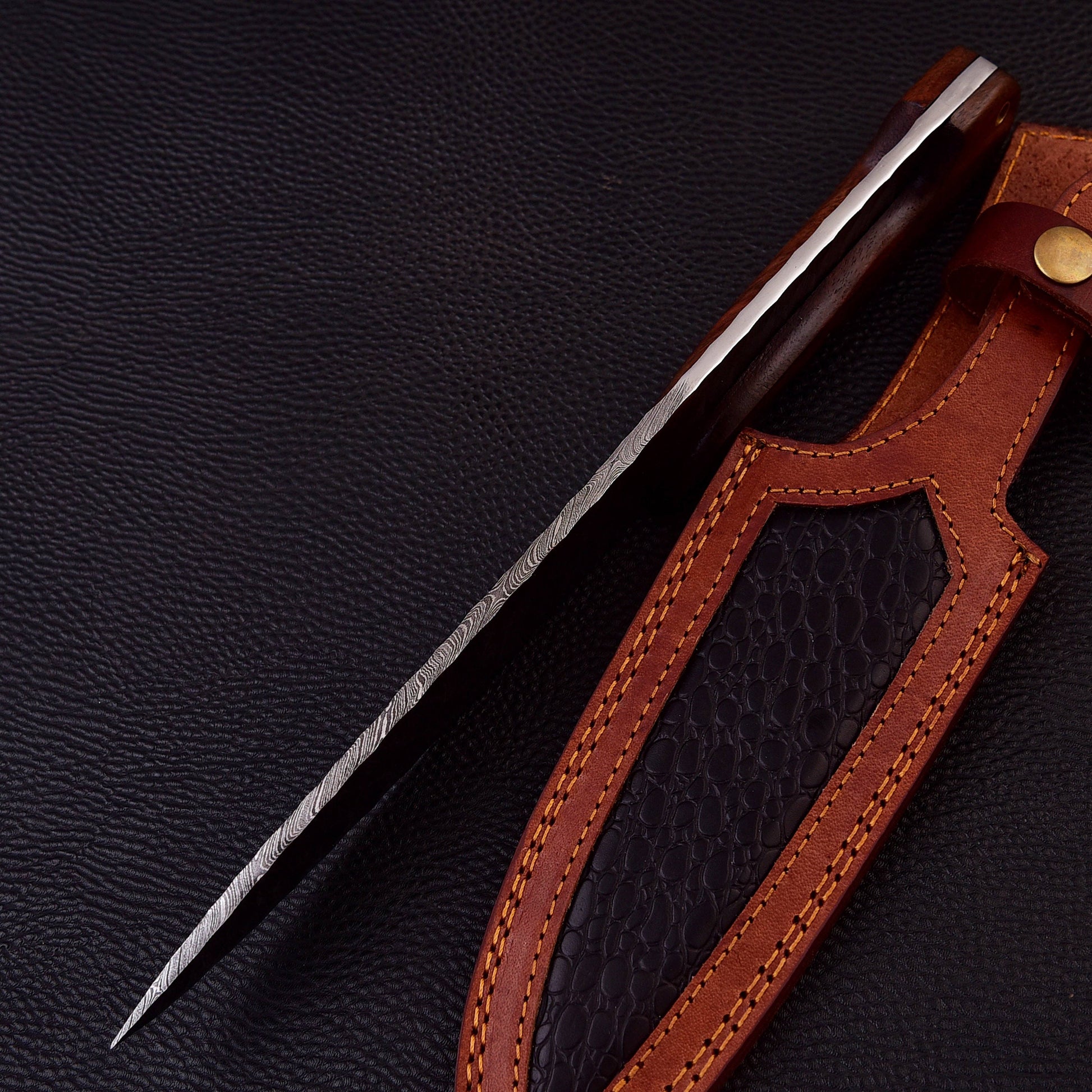 12" Ridged Unique Handle Damascus Steel Bowie Knife - Hunting or Camping Fixed Blade Full-Tang Drop Point Handmade Bowie Gift for Him