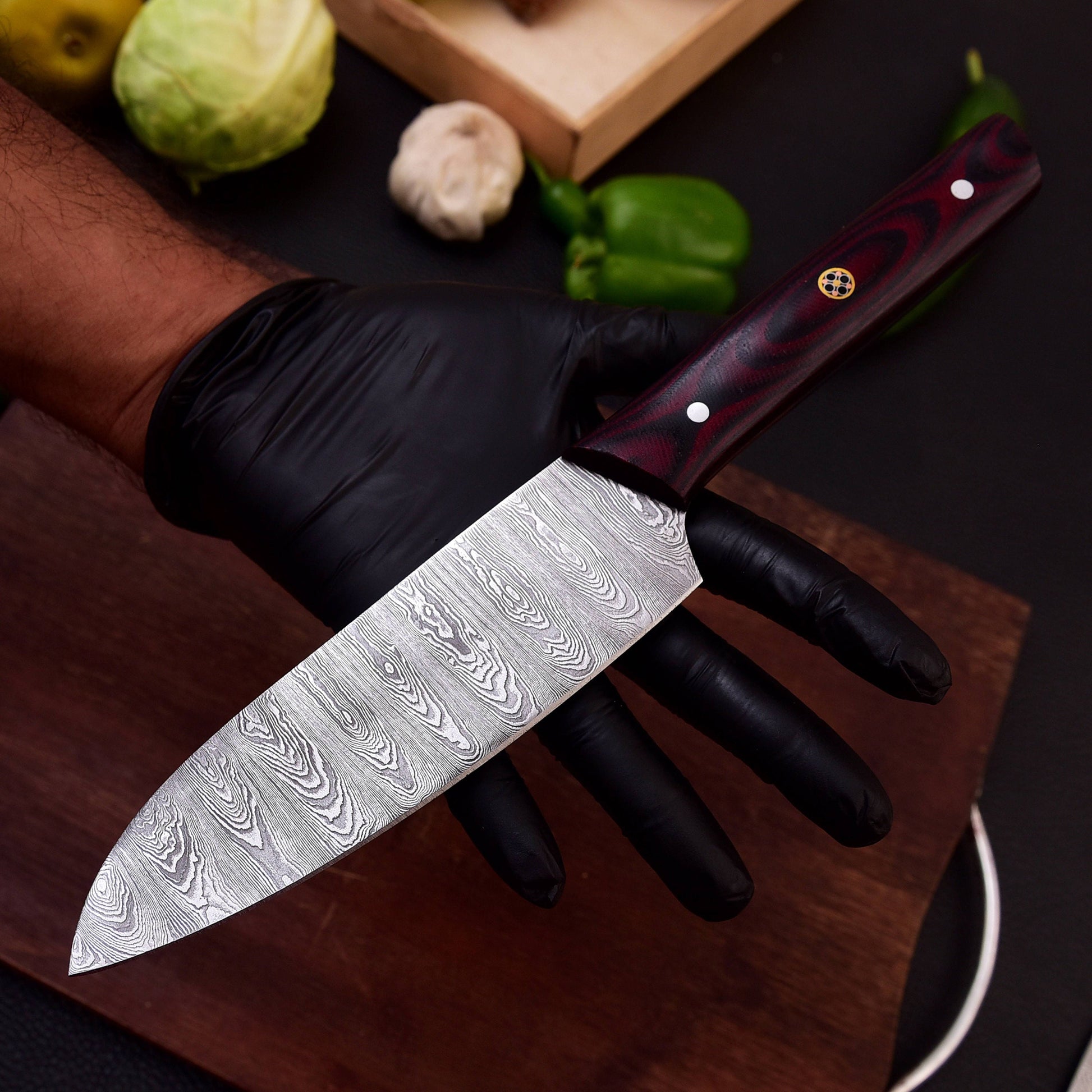 Damascus Steel 5pc Cooking Knife Set - BBQ Indoor/Outdoor Kitchen Knives, Chef Santoku Utility Knife, Handmade Camping Damascus Blade